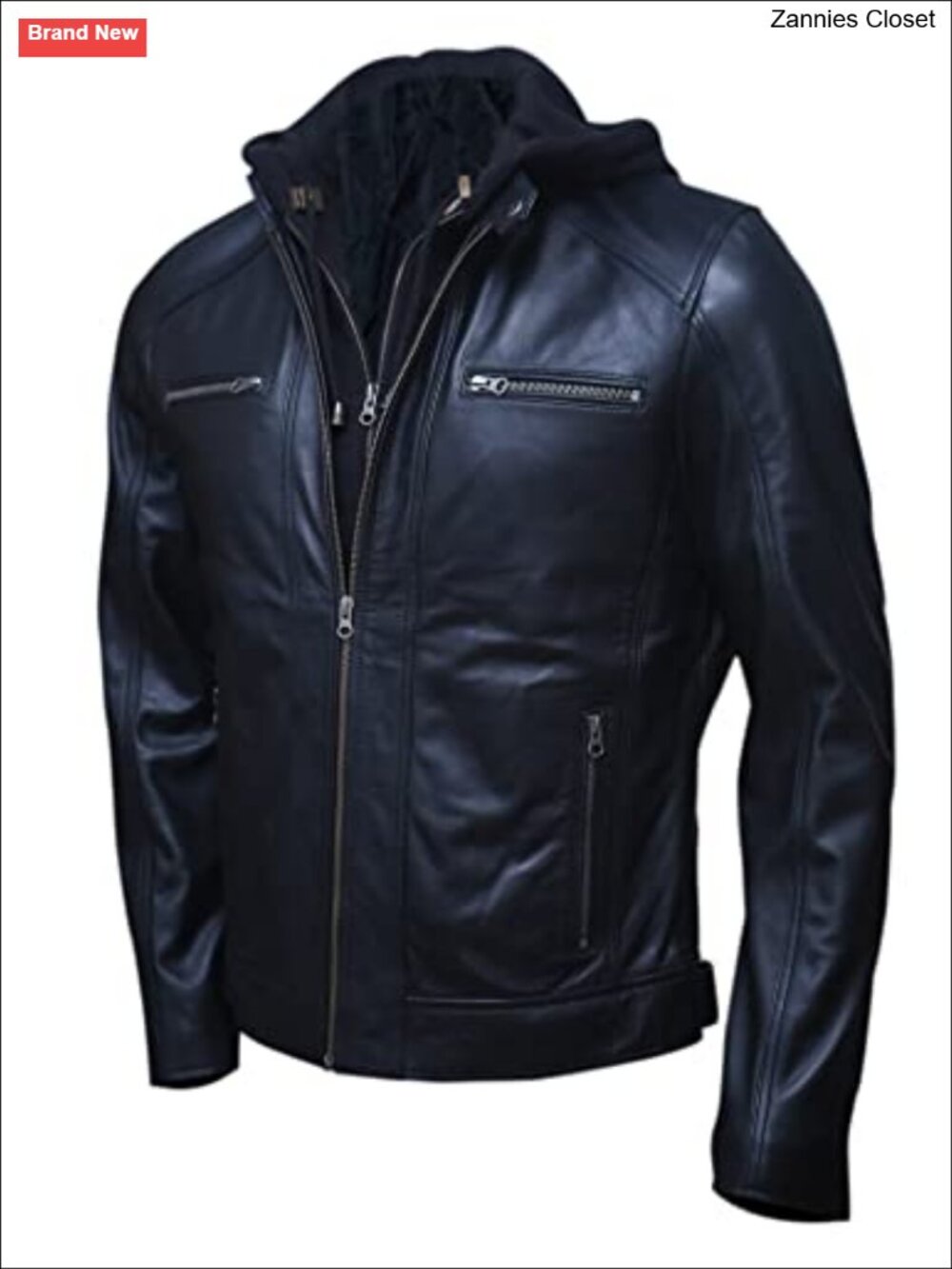 Lambskin Leather Motorcycle Jacket Detachable Fleece Hood Biker